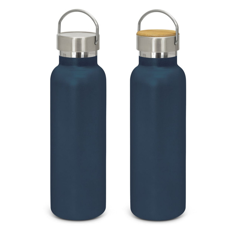 A drink bottle in navy blue with a stainless steel lid and a wooden accent, featuring a handle.