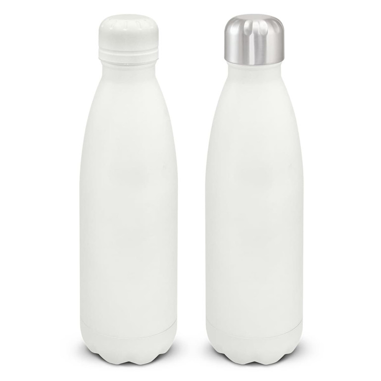 A drink bottle in matte white with a screw-on cap and a silver lid, featuring a logo.