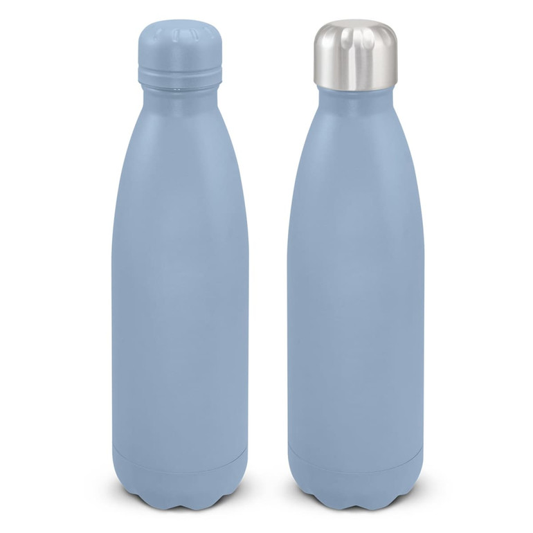 A drink bottle in light blue with a stainless steel cap and a smooth matte finish. Features a logo.