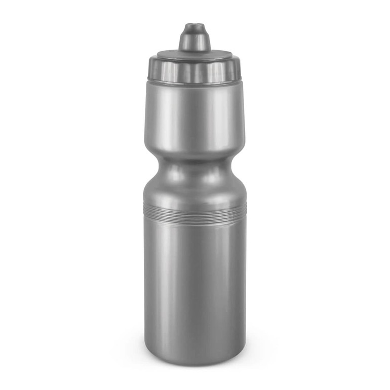 A drink bottle in a sleek silver design with a tapered middle section and a push-pull lid.