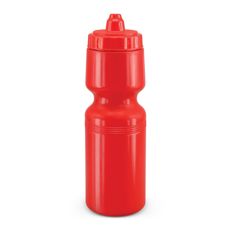A drink bottle in bright red with a wide body and a sports-style top, featuring a branding logo.