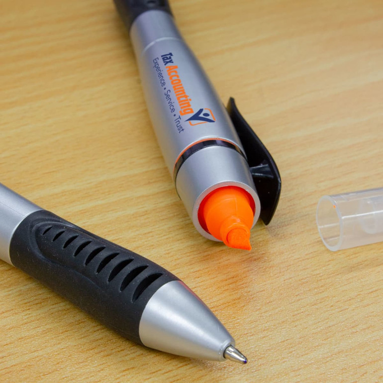 A Duo Pen with highlighter in grey and black, featuring an orange highlighter tip and a logo on the side.