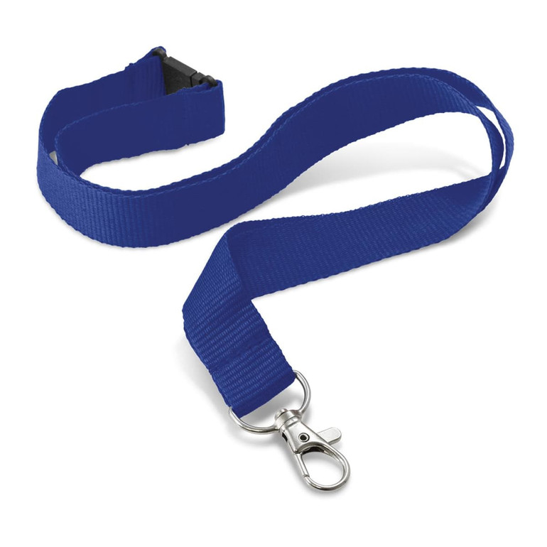 A blue custom printed lanyard with a 24mm width and a metal clip for securing items.