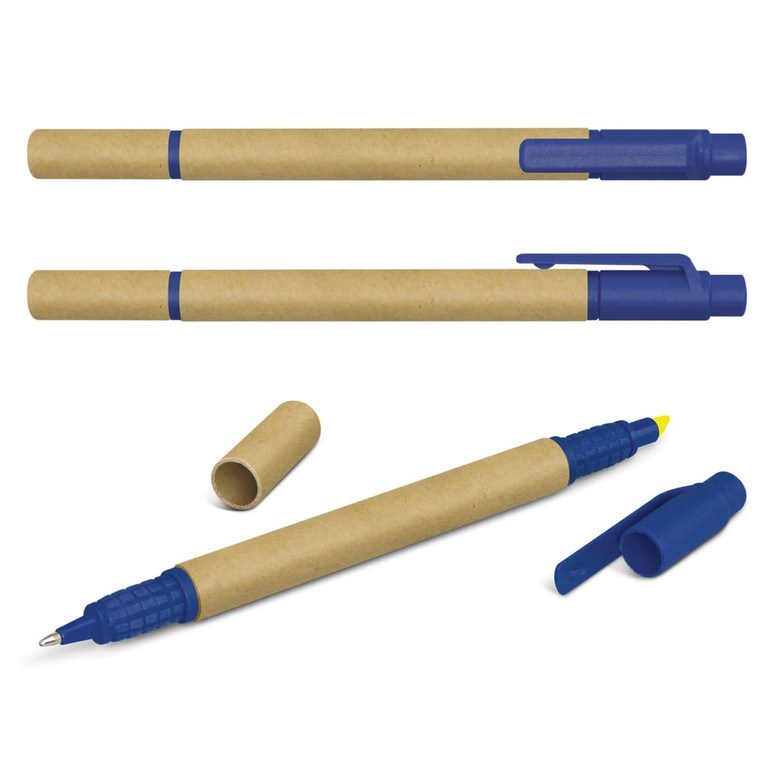 A set of Kraft Pen highlighters in blue and yellow, featuring eco-friendly paper barrels and blue caps.