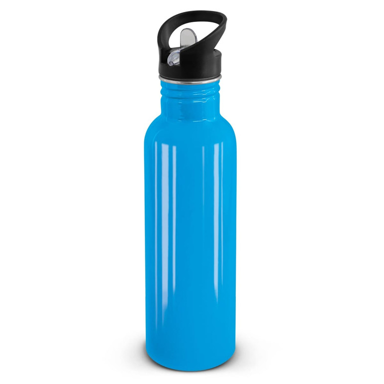 A drink bottle in bright blue with a black lid and a handle. It features a sleek, glossy finish.