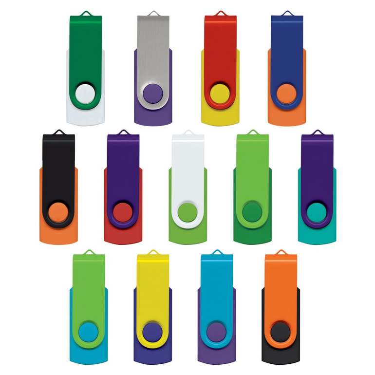 A collection of Helix 4GB Mix & Match Flash Drives in various colours, with a simple design and a logo on each.