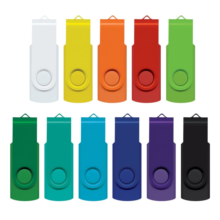 A collection of multi-coloured flash drives in white, red, orange, green, blue, teal, and purple, featuring a circular button.