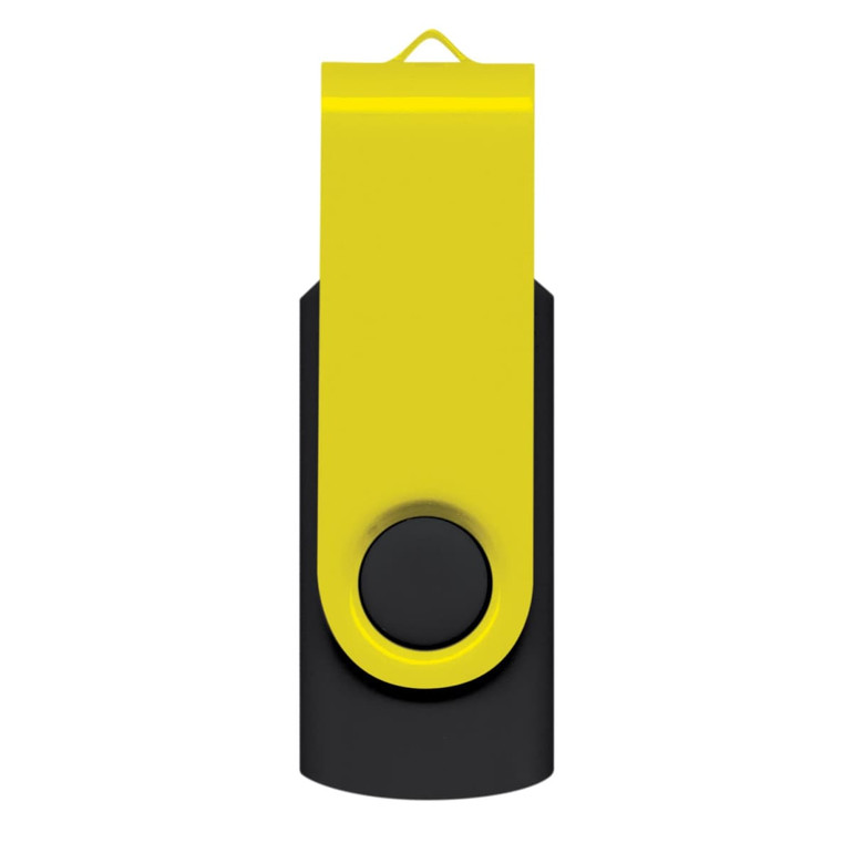 A black and yellow Helix 4GB mix and match flash drive with a swivel design and a loop for attachment.