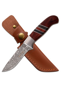 Fixed Blade Knife with Etched Damascus Blade and Brown Wood Handle, Leather Sheath ER-200-20BR