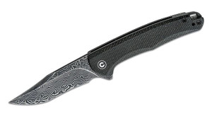 Mini Sandbar Flipper Knife with Damascus Recurve Blade and Black Micarta Handles C20011-DS1