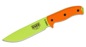 Fixed Blade Knife with Venom Green Plain Edge Blade and Orange G10 Handles, Black Sheath, Clip Plate ESEE-6P-VG