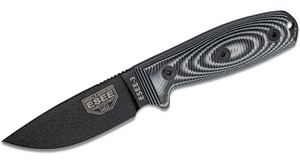 Fixed Blade Knife with Black Plain Edge Blade and 3D Machined Gray/Black G10 Handles, Black Sheath, Clip Plate ESEE-3PMB-002