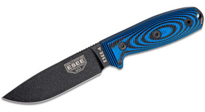 Fixed Blade Knife with Black Plain Edge Blade and 3D Machined Blue/Black G10 Handles, Black Sheath, Clip Plate ESEE-4PB-008