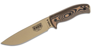 Fixed Blade Knife with Desert Tan Plain Edge Blade and 3D Machined Coyote Brown/Black G10 Handles, Black Sheath, Clip Plate ESEE-6PDT-005