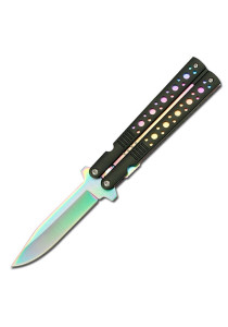 SPRING ASSISTED KNIFE WITH RAINBOW BLADE AND BLACK ALUMINUM HANDLE WITH RAINBOW LINER - TF-528