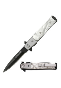 SPRING ASSISTED KNIFE WITH BLACK SPEAR POINT BLADE AND SIMULATED MOTHER OF PEARL OVERLAY HANDLE