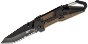 M&P Repo Assisted Opening Flipper Knife with Black Tanto Combo Blade and Tan Aluminum Handles with Rubber Overmold