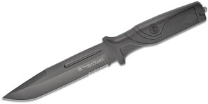 Search & Rescue Fixed Blade Knife with Black Oxide Coated Combo Drop Point and Rubber Handles