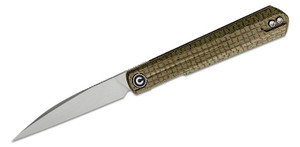 Ostap Hel Clavi Front Flipper Knife with Nitro-V Bead Blasted Wharncliffe Blade and Green Burlap Micarta Handles - C21019-3