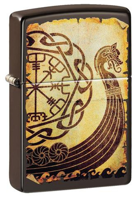 Viking Warship Design Brown Zippo