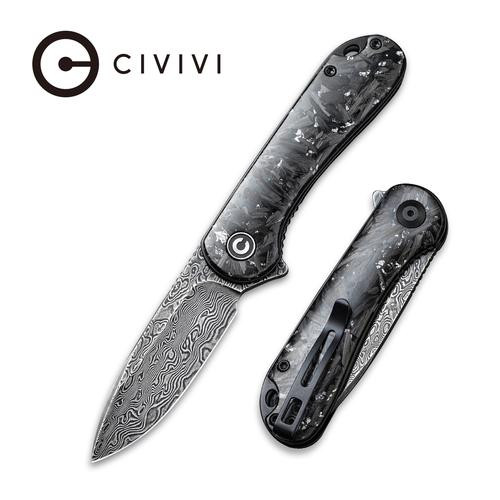 Elementum Folding Knife with Shredded Carbon Fiber And Silvery Shred In Clear Resin Contoured Handle C907C-DS2