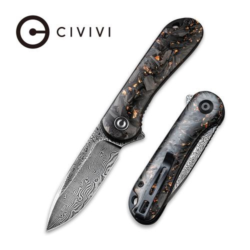 Elementum Folding Knife with Shredded Carbon Fiber And Copper Shred In Clear Resin Contoured Handle C907C-DS3