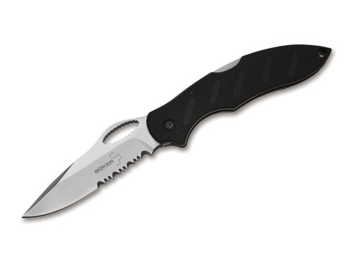 Action R Lockback Folding Knife with Satin Combo Blade and Black G10 Handles 01BO094