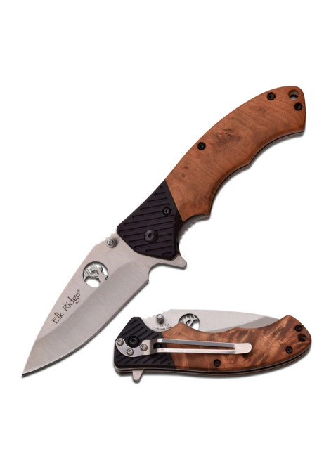 Outdoors Folding Knife with Black Stainless Steel Blade and Brown Wood Handle with Black G10 Bolster ER-566BPW