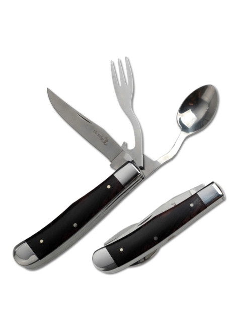 Stainless Steel Multi-Function Pocket Knife, Fork, Spoon and Bottle Opener, 4-in-One Tableware with Wood Handle ER-439W