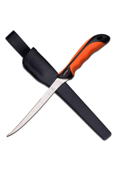 Fixed Blade Fillet Knife with Mirror Finish Stainless Steel Blade and Orange and Black Handle, Nylon Fiber Sheath ER-541