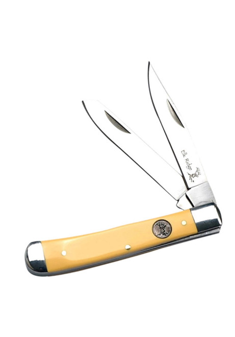 Gentleman's Knife with Clip Point Fine Edge Blades and Elegant Delrin Yellow Handle with Elk Medallion ER-220MY