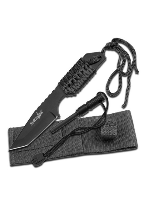 Fixed Blade Outdoor Knife with Black Tanto Blade and Black Cord-Wrapped Handle HK-106320B