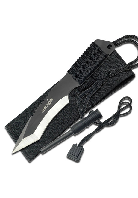 FIXED BLADE KNIFE WITH TWO TONE TANTO BLADE AND FULL TANG BLACK CORD WRAPPED HANDLE WITH LANYARD HK-759