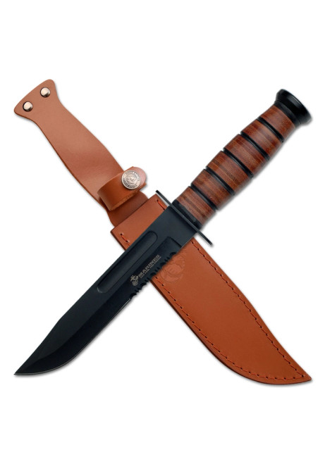 FIXED BLADE KNIFE WITH BLACK 1/3 SERRATED BLADE AND LEATHER WRAPPED ALUMINUM HANDLE MT-122MR