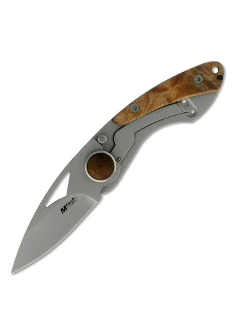 TACTICAL FOLDING KNIFE WITH BEADBLAST BLADE AND MAPLE BURL WOOD OVERLAY HANDLE MT-210W