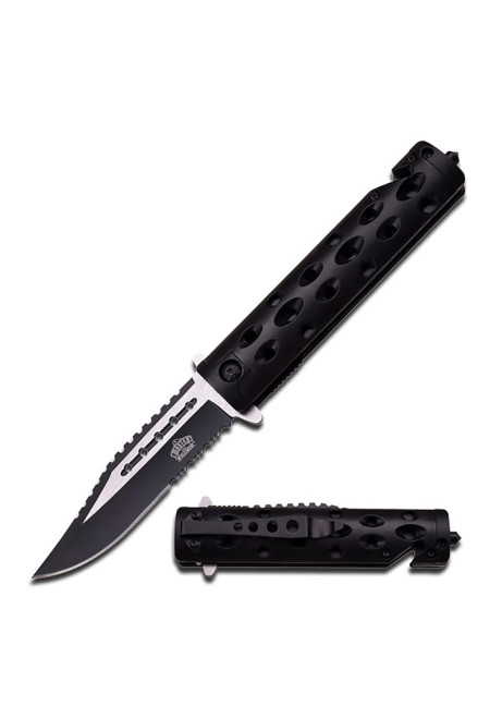SPRING ASSISTED KNIFE WITH BLACK HALF SERRATED BLADE AND SKULL MEDALLION ON G10 EFFECT BLACK NYLON FIBER HANDLE MU-A010BK