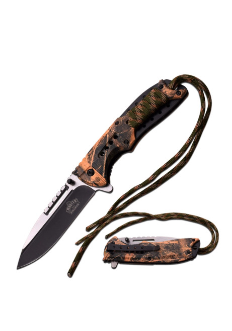 SPRING ASSISTED KNIFE WITH SATIN AND BLACK FINISHED BLADE AND DEAD LEAVES CAMO COATED OVER NYLON FIBER HANDLE-CAMO LANYARD MU-A038CA