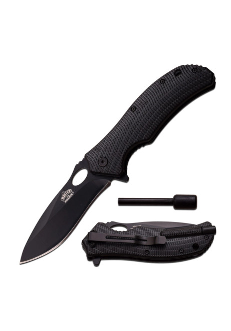 SPRING ASSISTED KNIFE WITH SATIN AND BLACK TWO TONE BLADE AND BLACK NYLON FIBER HANDLE WITH BUILT IN FIRE STARTER MU-A039BK