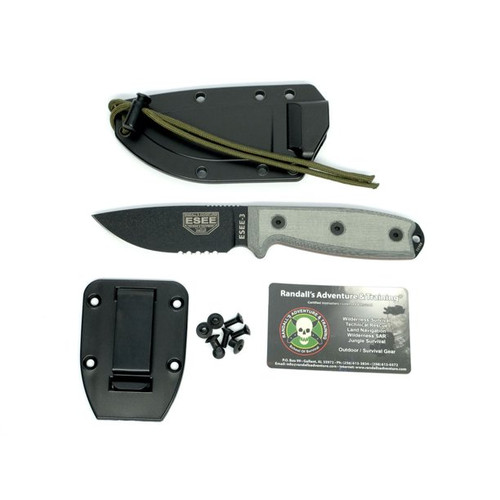 Fixed Blade Knife with Serrated Black 1095 Carbon Steel and Gray G10 Handles ESEE-3SM-B