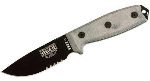 BLACK COMBO BLADE WITH GREY LINEN MICARTA HANDLE AND BLACK SHEATH ESEE-3S-MB-B