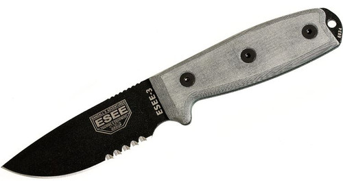 Fixed Blade with Combo Edge, Rounded Pommel and Coyote Brown Sheath, Molle Back and Clip Plate ESEE-3SM-MB