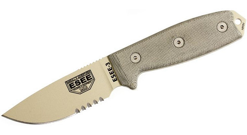 Fixed Blade Desert Tan Combo Edge with OD Green Sheath, Molle Back and Clip Plate ESEE-3S-MB-DT