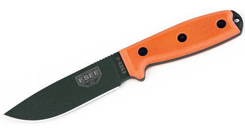 Fixed Blade Knife with OD Plain Edge Blade and Orange G10 Handles, Black Sheath, Molle Back and Clip Plate ESEE-4P-MB-OD
