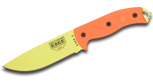 Fixed Blade Knife with Venom Green Plain Edge Blade and Orange G10 Handles, Black Kydex Sheath, Clip Plate ESEE-5P-VG-E