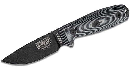 Fixed Blade Knife with Black Plain Edge Blade and 3D Machined Gray/Black G10 Handles, Black Sheath, Clip Plate ESEE-3PMB-002