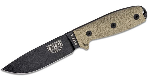 Fixed Blade Knife with Black Plain Edge Blade and 3D Machined Green Canvas Micarta Handles, Black Sheath, Clip Plate ESEE-4PB-017