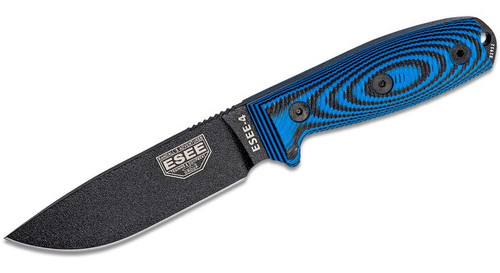 Fixed Blade Knife with Black Plain Edge Blade and 3D Machined Blue/Black G10 Handles, Black Sheath, Clip Plate ESEE-4PB-008