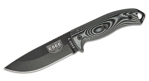 Fixed Blade Knife with Black Plain Edge Blade and 3D Machined Gray/Black G10 Handles, Black Kydex Sheath, Clip Plate ESEE-5PB-002