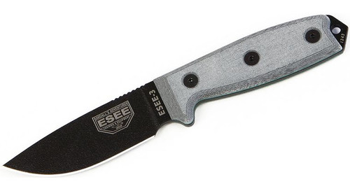 Fixed Blade Knife with Plain Edge Blade and Micarta Handles, Black Sheath, Clip Plate ESEE-3P-B