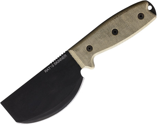 RAT-3 Fixed Blade Skinner Knife with Black Coated Chisel Blade and Micarta Handles, Nylon Sheath - 8662